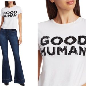 New Alice + Olivia Good Human Sequin Graphic White Short Sleeve Baby Tee